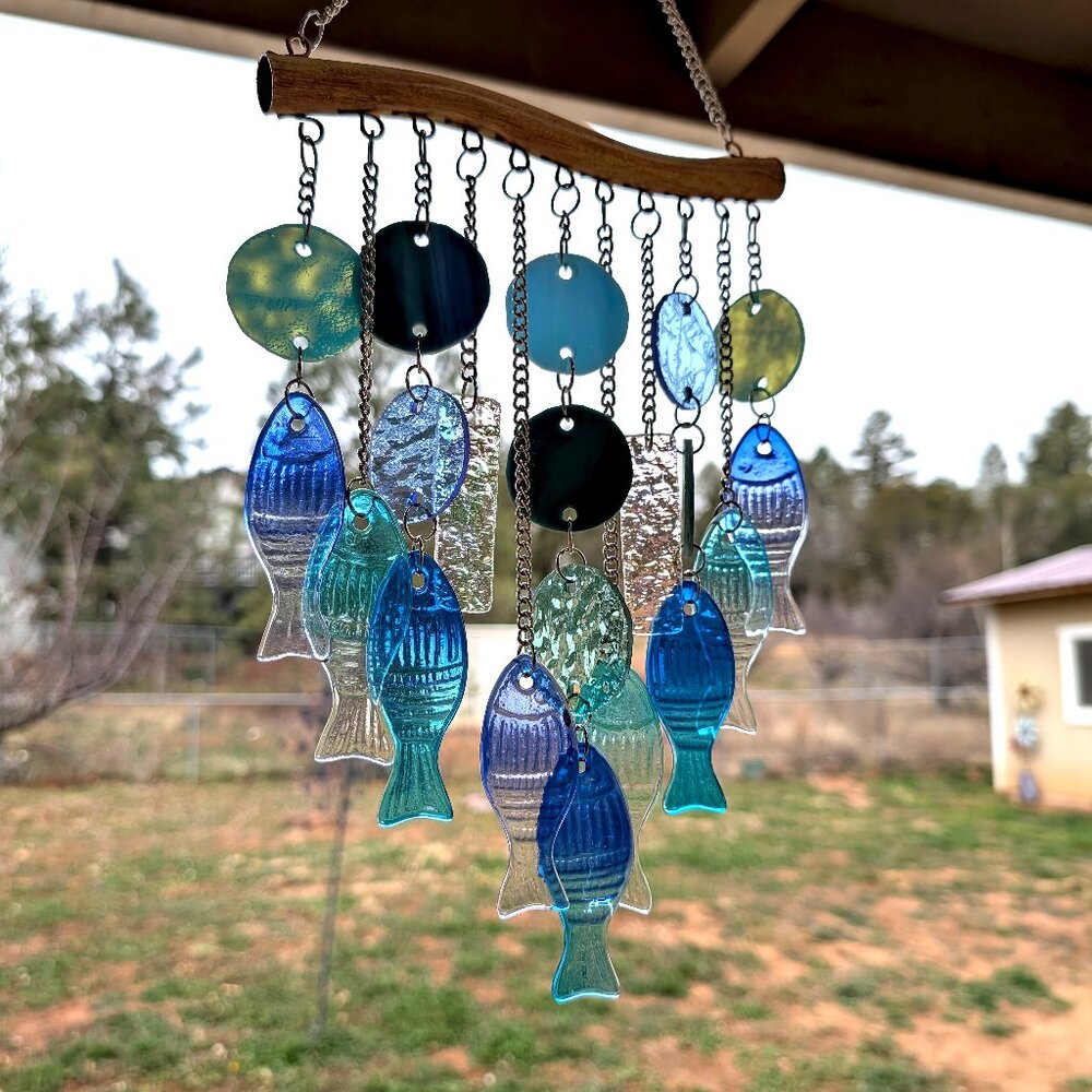 Stunning Stained Glass & Blue Glass Fish Wind Chime - Beach Decor - Picture 11 of 14